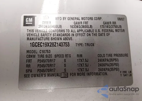 2008 Chevrolet Silverado 1500 Work Truck from USA, damaged, VIN 1GCEC19X28Z143753